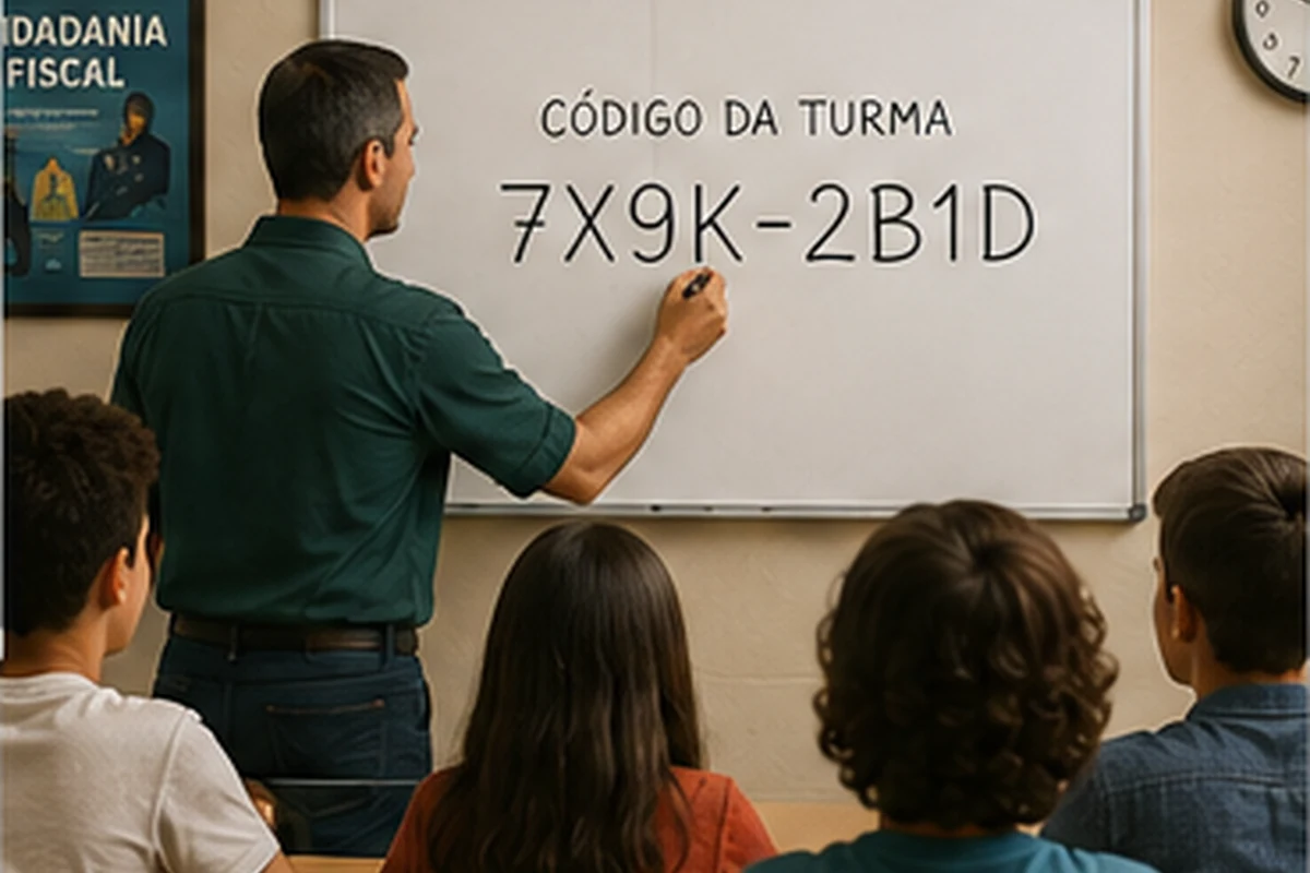 Professor apresentando o código de acesso da turma aos estudantes