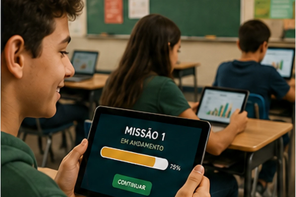 Estudante acessando as missões do Fiscal do Futuro em sala de aula